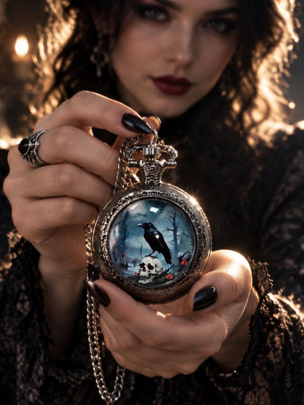 Raven Skull Pocket Watch Necklace Gothic Crow Pendant Dark Academia Gunmetal
